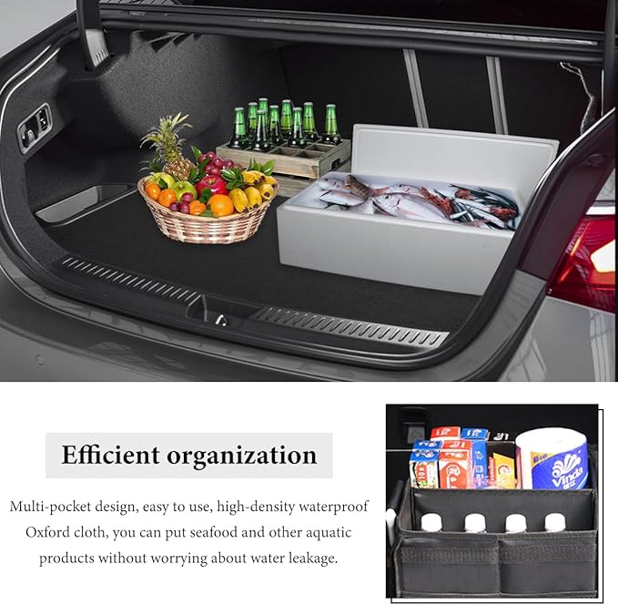 Trunk Organizer with Lid, 28L Collapsible Cargo Organizer with Aluminum Handles & Reflective Strip, Multi-Purpose Waterproof Oxford Storage Box for Cars Trucks SUVs Minivans (Black)