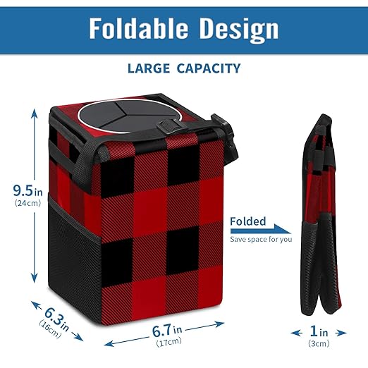 Car Trash Can Black Red Big Buffalo Plaid Classic Auto Garbage Bag Car Trash Can with Lid Leak-Proof Car Storage Bag Garbage Bag Hanging for Headrest Portable Car Backseat Organizer