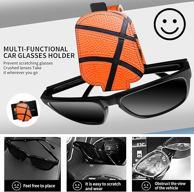 Leather Magnetic Sunglass Holder for Car Sun Visor, Cute Eyeglass Ticket Card Hanger Clip, Universal Auto Interior Accessories for SUV Pickup Truck Basketball Texture