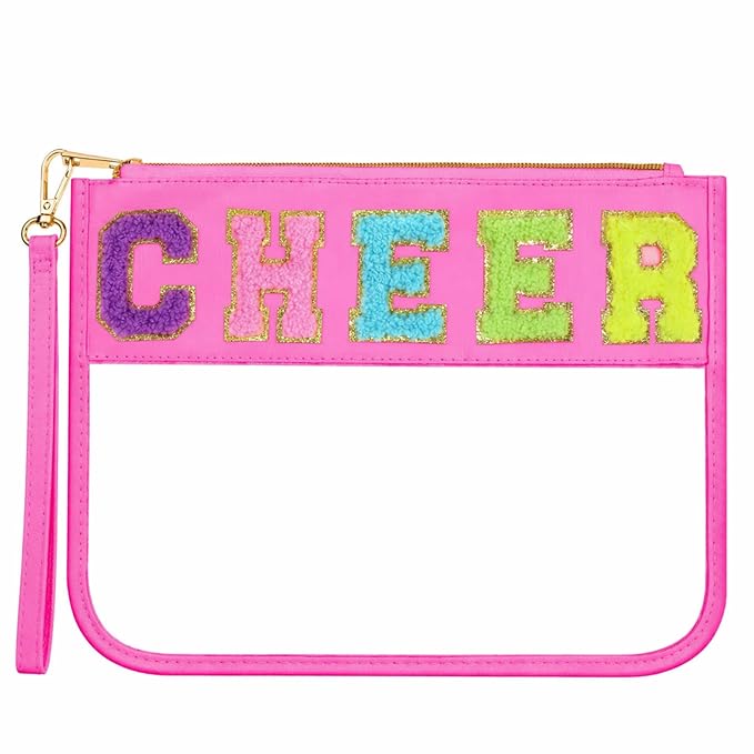 Abbylike 1 Pcs Cheer Bags Chenille Letter Zipper Pouch Waterproof PVC Large Bag for Travel Makeup Cosmetic Storage Organizer for Mom Team Cheerleaders Teacher(Pink)