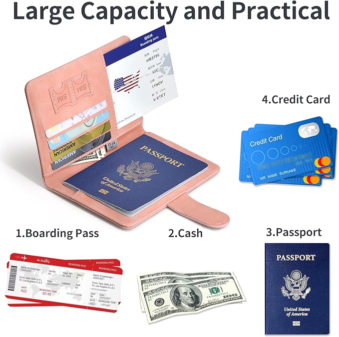Passport Holder, Passport Cover with Credit Card Slot and Boarding Pass Slot Combo, Passport Wallet Case Book Travel Must Have, RFID Blocking Leather Travel Accessories, Pink