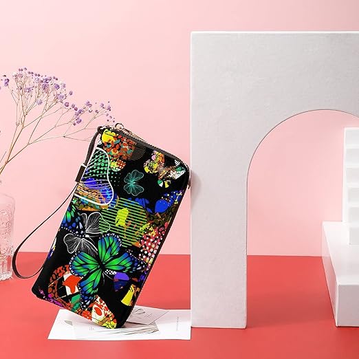 Unisex Zip Around Wallet for Adults Teens Abstract Ink Stains with Butterflies Coin Pouch Cash Pocket PU Leather Wallets Card Holder Organizer Designer Purse with Wristlet Strap