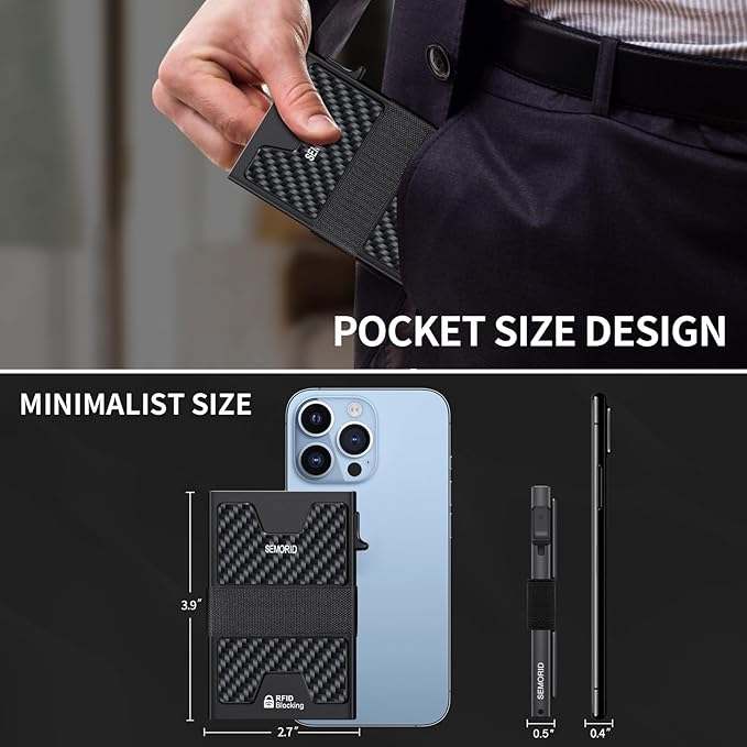 SEMORID Slim Wallet for Men, Minimalist RFID Blocking Mens Wallet with Pop Up Case, Thin Metal Credit Card Holder with Cash Strap & Expandable Backplate - Holds 12 Cards