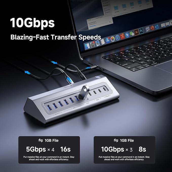 Giftos Powered USB Hub, 18 in 1 USB 3.2 Hub with 4K HDMI,PD 100W,45W Charge,10Gbps USB,SD/TF,Audio, 65W Adapter,3.3FT Cable,Aluminum,Smart Button, USB Hub for PC,Mac,Mac mini, iMac,iPhone 17/16,iPad