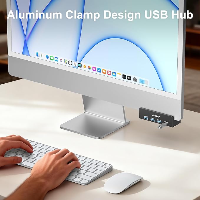 USB Hub 3.0, JESWO Clamp USB Hub with Extra Power Supply Port, Aluminum 4-Port USB 3.0 Extender Hub with 4.92ft Cable for Monitors, Desks, PC, Laptop, XPS, USB-Flash Drives, etc.