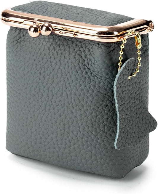 Litchi Leather Coin Purse for Women, Portable Vintage Wallet Mini Lipstick Holder Fashion Solid Color Kiss Lock Key Storage Square Pouch (Green)