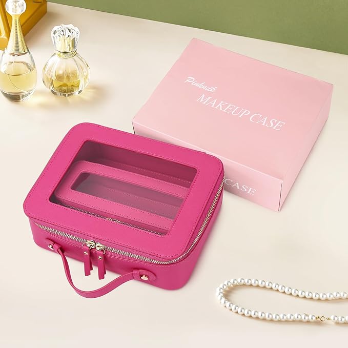 Pinkmik Travel Clear Makeup Bag with Brush Bag Portable Cosmetic Bag Case Transparent Toiletry Bag Cosmetic Organizer Storage Bag for Wome (X/Fuxia, L+SLIM)