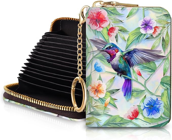 Blusabaca RFID Wallet, Credit Card Holder for Women, Bird Small Wallet with Card Slots Zipper, Leather RFID Card Holder, Card Keychain Wallet, Card Case RFID Blocking Accordion Gift