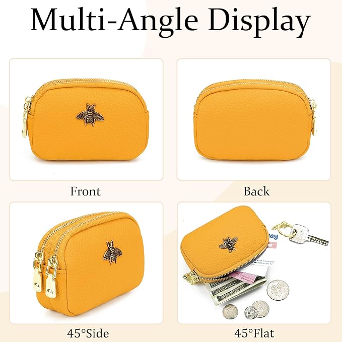WOZEAH Leather Coin Purse for Women Small 2 Zipper Change Wallet with Key Ring Card Key Coin Cash Holder Pouch(Yellow)