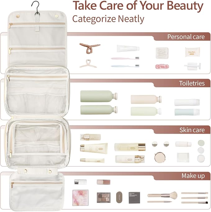 PACKISM Hanging Travel Toiletry Bag - Organizer for Women, Large Off White | Wide Open Access, Hanging Hook, Detachable Pouch, Large Compartments, Waterproof Surface, Cruise Bathroom Travel Storage