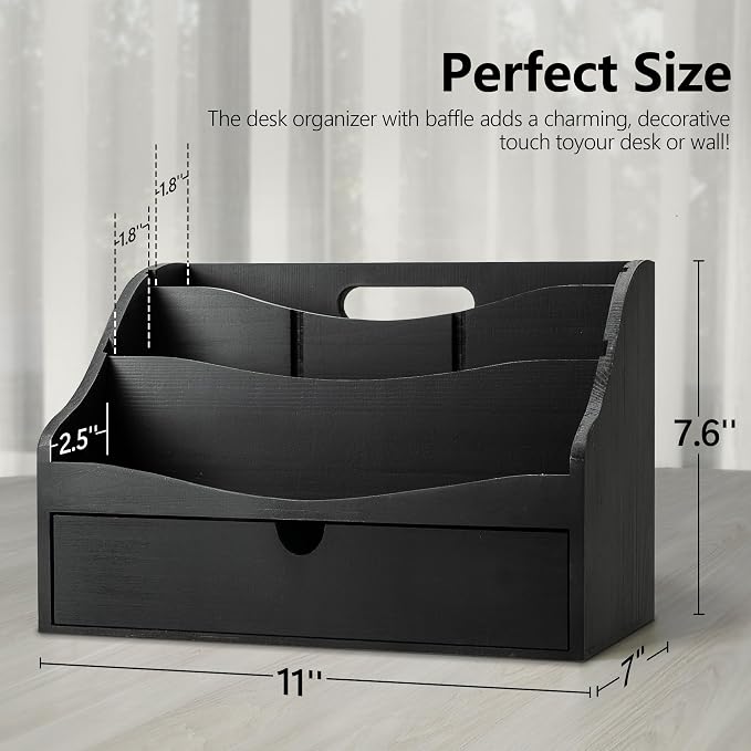 Rebee Vision Pine Wooden Mail Organizer for Desk - Farmhouse Mail Sorter Countertop Organizer for Office Desk & Home Decor - Letter Holder with Drawer for Store Jewelry (Black)