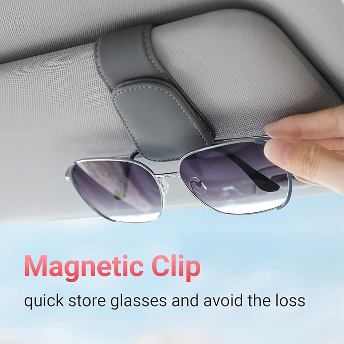 KanSmart Sunglass Holder for Car Visor Sunglasses Clip Magnetic Leather Glasses Eyeglass Holder Auto Interior Accessories Universal for SUV Pickup Truck -Gray