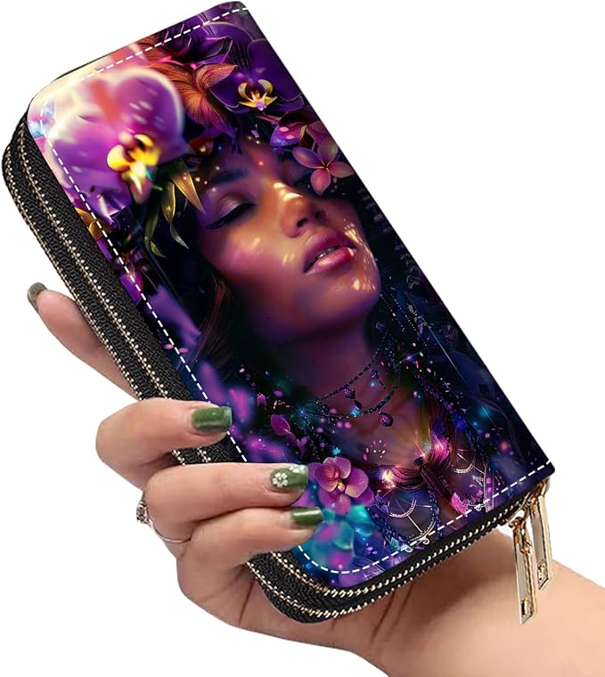 Women's Large Capacity Wallet PU Leather Double Zipper Clutch Purse Multifunctional Wallet with Removable Wristlet Strap for Smart Phone/Coin/Card/Cash, Floral Wreath Women