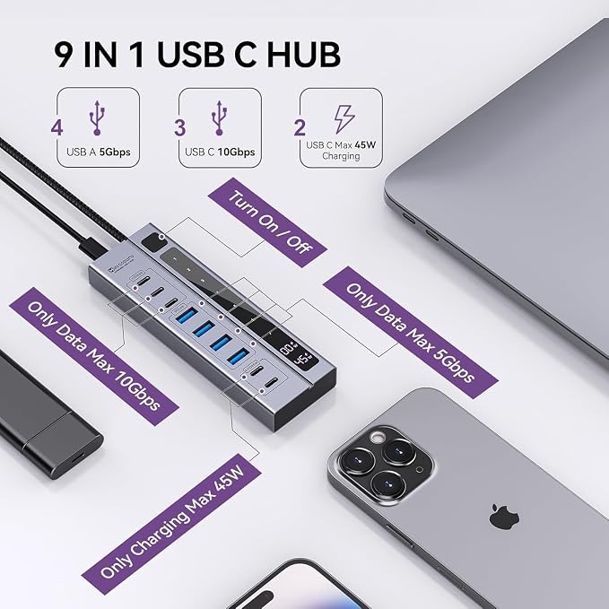 Minisopuru 9 in 1 Powered USB C Hub – Support Max 45W Charging with 65W USB-C Power Adapter, 10Gbps, USBC Hub Charging for Meta Quest Pro, Steam, iPad Pro, iPhone, Watch (Not for Monitor)