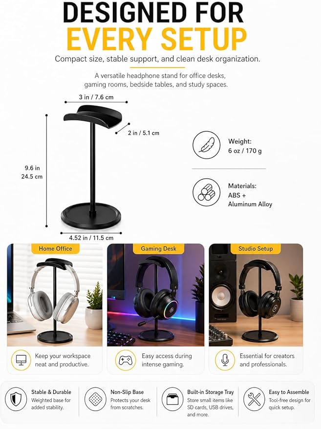 Headphone Stand??PACK??Headphone Holder with Storage Tray Compatible for Max Pro, Beats, Bose and Most Gaming Headphones. ?�No Tools Required??YO-2 (Black)