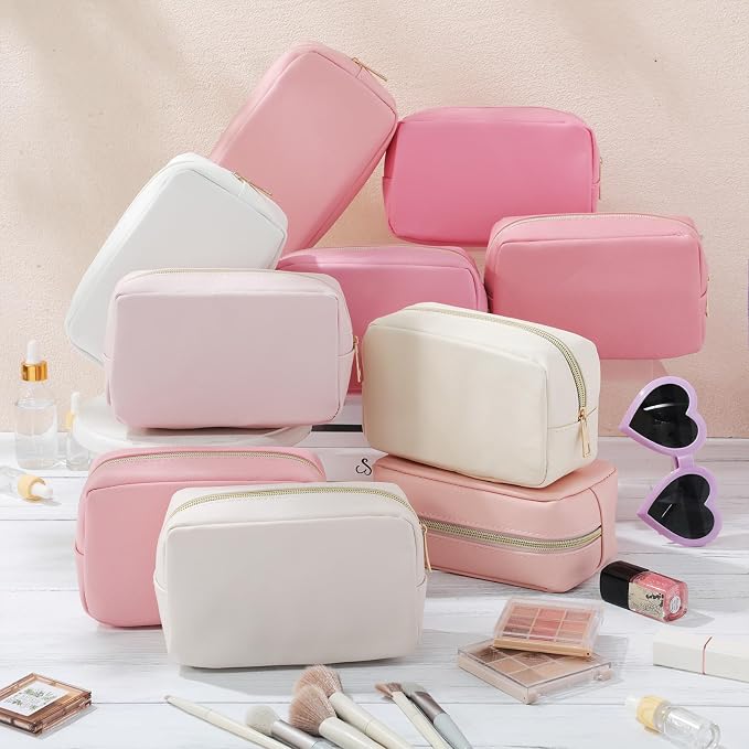 Sweetude 10 Pcs Makeup Bag Bulk for Women Preppy Gift PU Leather Cosmetic Bag Small Skincare Toiletry Pouch Wedding Travel Cosmetic Pouch for Bridesmaid Bride Mother Gift Favors (Pink)