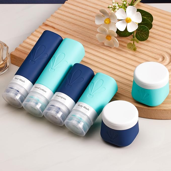 INSFIT travel bottles for toiletries 6 Pack, Leak proof Travel Size Toiletries Containers with toiletry bag, Squeezable Silicone Bottles & Cream Jars, Travel Essentials BPA-Free set for Shampoo