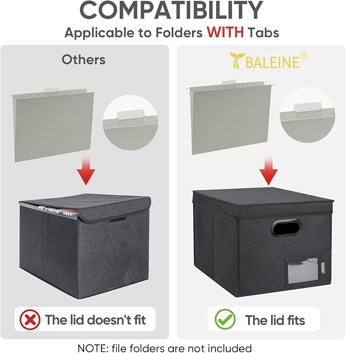 BALEINE File Organizer Box with Lid, Collapsible File Folder Organizer with Plastic Slide, Hanging File Folder Box for Office Document Storage (Tab Friendly, 1 Pack, Black)