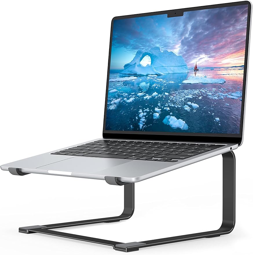 SOUNDANCE Laptop Stand for Desk, Ergonomic Metal Computer Riser for 12-17.3 Inch Laptops, Heavy Duty Stable Desktop Holder, Improves Eye Level & Workspace Organization, Black