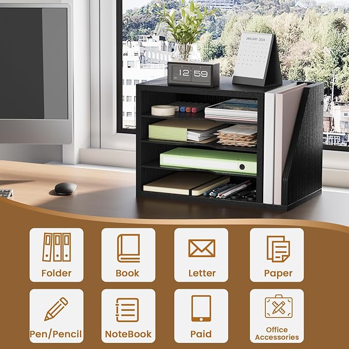 Creso hom Mail Sorter, File Organizer Desktop, Wood Desk Organizer with 3 Adjustable Shelves, Mail Holder for Office, Home, Letter Sorter File Holders for Envelopes, Mail Supplies Magazines, Black