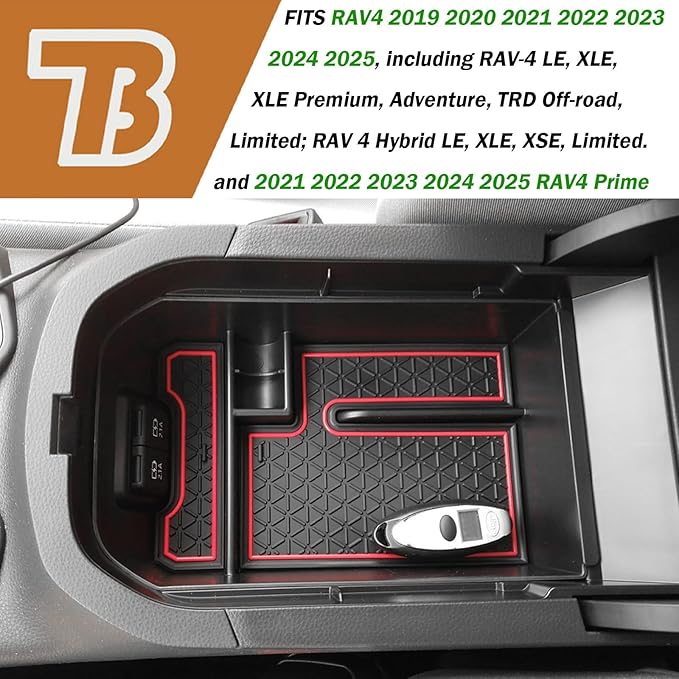 TACORBO Center Console Organizer Compatible with Toyota RAV4 2019 2021 2020 2022 2023 2024 2025 and 2021-2024 2025 RAV4 Prime Accessories, Armrest Secondary Storage Box Insert Tray, Red Trim