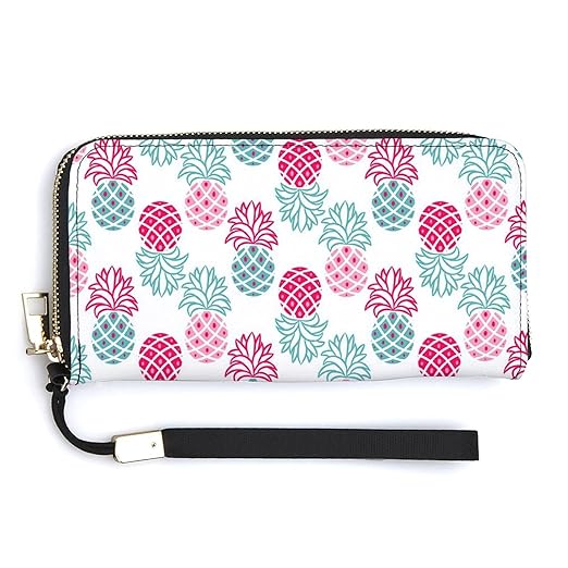 Clutch Wallet Holder for Women Men Blue Pink Geometric Pineapple Portable Accordion Zipper Credit Card Storage Bag Waterproof Purse Leather Wallet for Travel Work Shopping