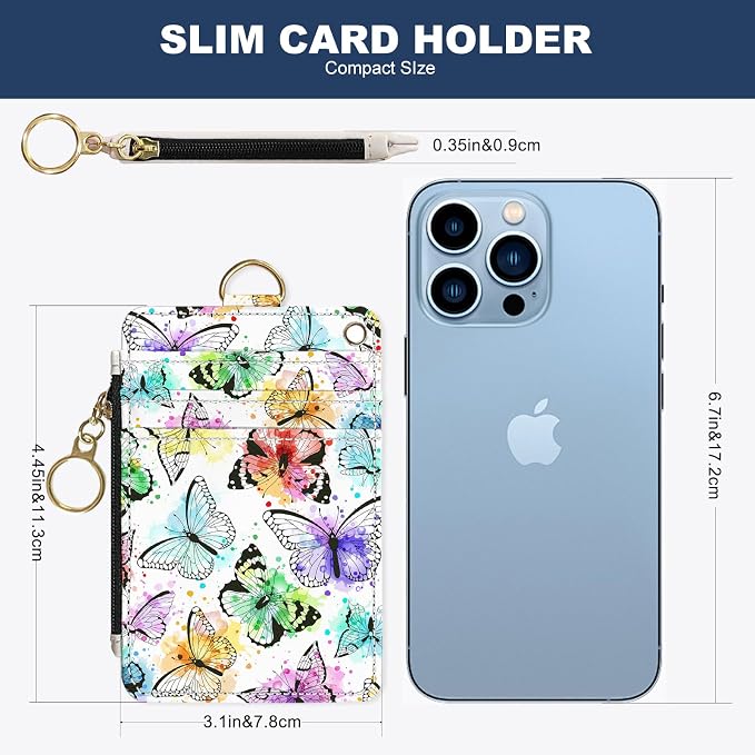Slim Wallet Credit Card Holder, Watercolor Butterfly, RFID Wallet Women Cute Small Front Pocket Wallet With Zipper, PU Leather Thin travel RFID Blocking Card Case ID Window,Ladies Gifts