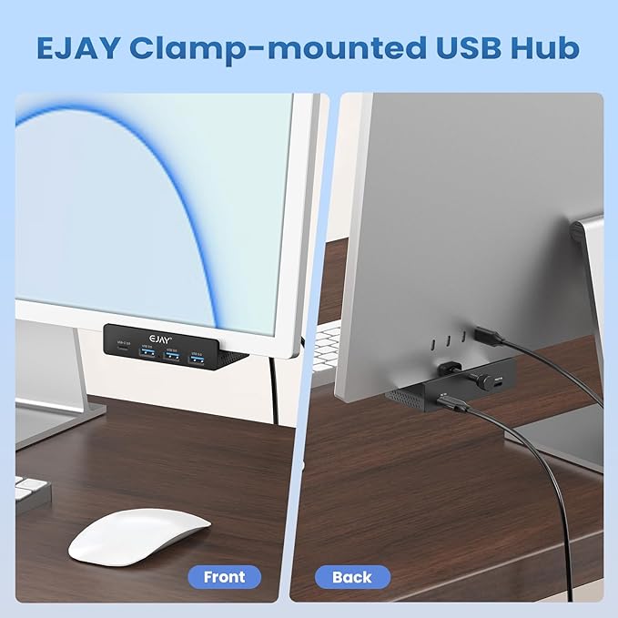 EJAY Mountable 4Ports USB3.0 HUB Alu Desktop Clamp Type C USB3.0 Splitter for Desk/Monitors with Extra Power Supply Port,59inches Data & 39inches Power Cables-5Gbps, Black