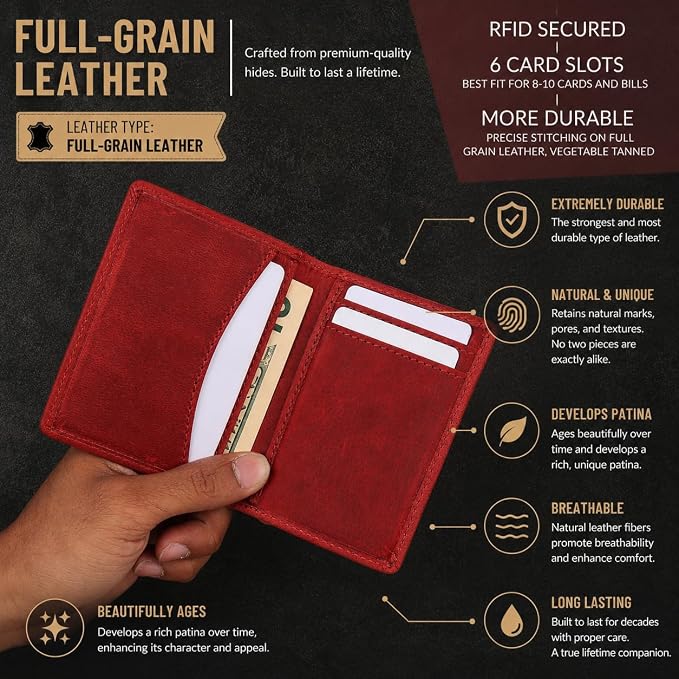 FOXHACKLE Full Grain Leather Credit Card Holder for Men and Women, Slim Bifold RFID Blocking Wallet, Thin Front Pocket Minimalist Wallet, Small Card Case.