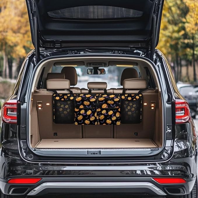Halloween Pumpkins Car Trunk Organizer for Women Men Car Back Seat Hanging Storage Bag Collapsible Auto Cargo Bag with 4 Large Pockets Auto Interior Accessories