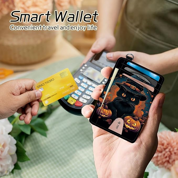 Small Travel Wallets, Black Cat Halloween Slim Minimalist Front Pocket Wallet with Wristlet, RFID Blocking PU Leather Credit Card Holder with ID Window Change Purse for Men Women