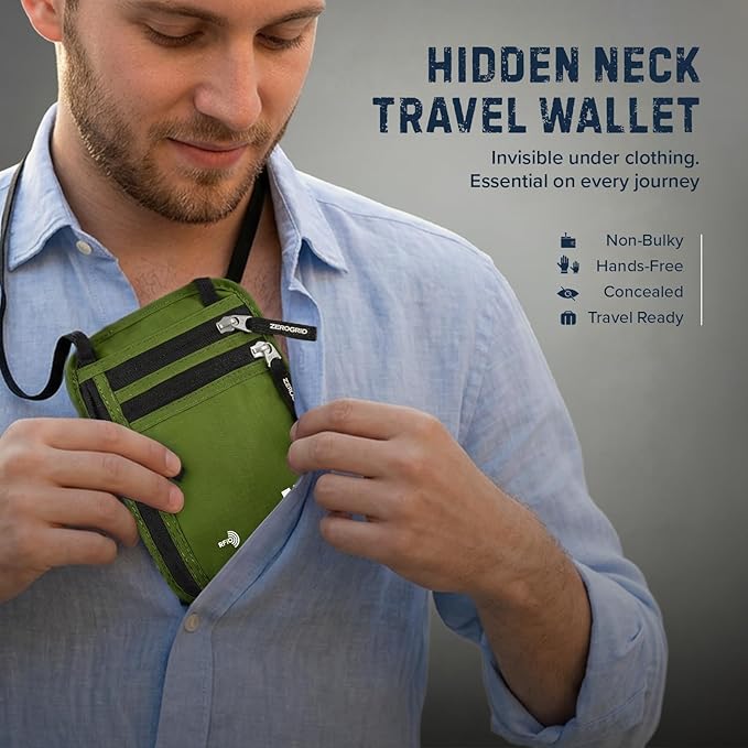 Neck Wallet for Travel & Passport Holder with RFID Blocking - Slim & Easy to Conceal Nylon Travel Pouch for men & women - Holds Phone, Cash, Cards, Keys - Sweat & Water Resistant - Large - Green