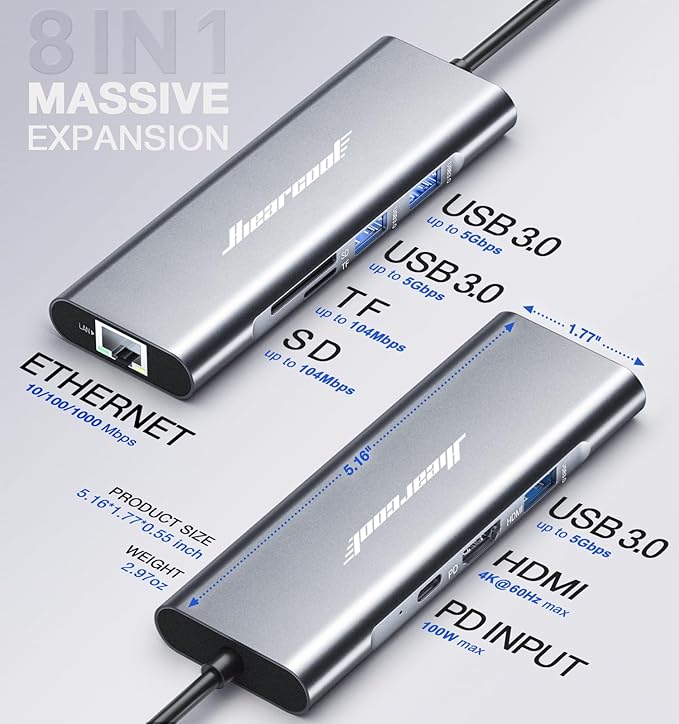 Hiearcool USB C Hub Ethernet 8-in-1, 4K@60Hz USB-C to HDMI Multiport Adapter with 1Gbps RJ45, 100W PD, 3 USB 3.0, SD/TF, Compatible for MacBook Pro/Air, Dell, Lenovo Laptops