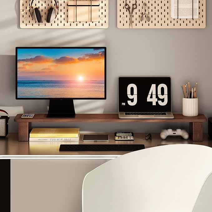 Ufine Dual Monitor Stand Riser 2 Heights Adjustable Wood Computer Monitor Stand Desktop Organizer, Large Monitor Stand for 2 Monitors, Laptop, TV, Printer