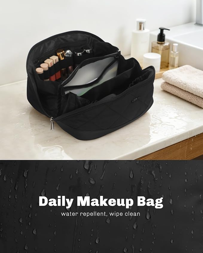 Hynes Eagle Travel Makeup Bag for Women Puffy Cosmetic Organizer Pouch Open Flat Toiletry Bag for Toiletries Brushes Structured Base Jet Black