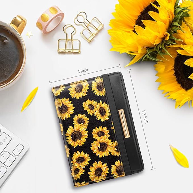Coco Rossi Women's Black Floral Sunflower Passport Wallet Cover with RFID Blocking, 7 Compartments, 4 Card Slots, Magnetic Closure