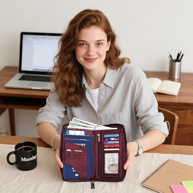 Family Passport Holder Wallet with Zipper, RFID Blocking Travel Document Organizer, PU Leather Passport Wallet for Women Men, Passport Cover Travel Wallet for Boarding Pass, ID, Money, Ticket