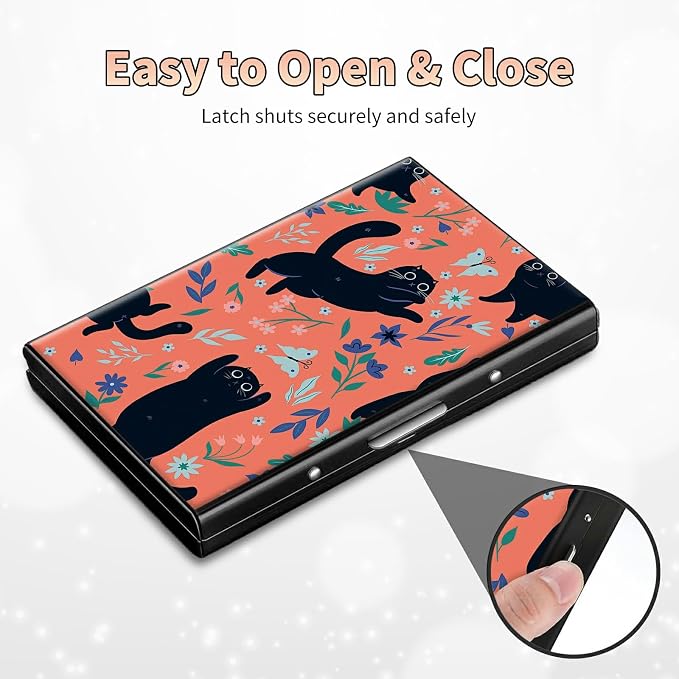 Slim Credit Card Holder, Black Cat Flowers RFID Blocking Metal Wallet for Men & Women, Aluminum Minimalist Hard Case Pocket-Sized Business Cards Organizer (Fits Up to 10 Cards)