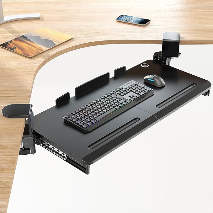Supcline Keyboard Tray Under Desk with 60° Swivel C-Clamp & Height Adjustment for Corner Desk, 25.6 x 11.8 in Slide Out Keyboard Mouse Platform for l-Shaped & L-Shaped Table, Pull Out Keyboard Drawer