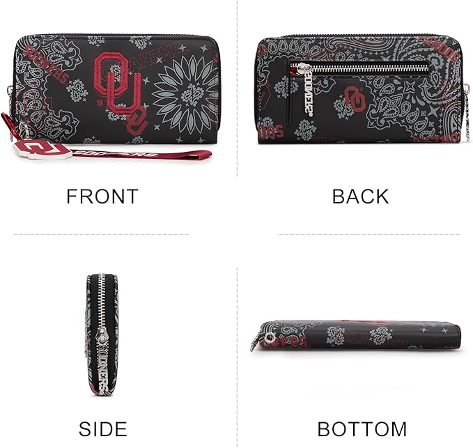 Oklahoma Sooners Wristlet Purse Licensed, OU Team Clutch Wallet with RFID Blocking Card Slot, Zipper Purse for Fan Gifts, Game Day, Travel Essentials | Black, NC-OU011BK
