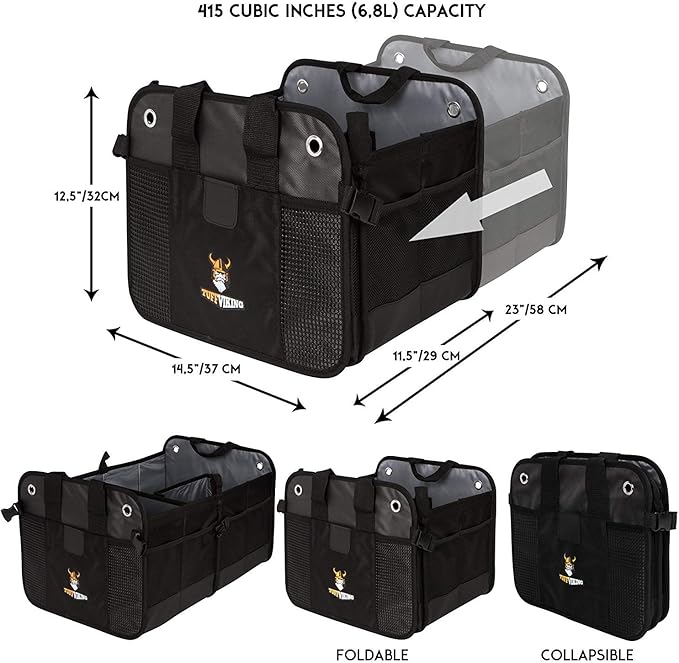 Tuff Viking Convertible SUV Trunk Organizer | Truck Bed Organizer for SUVs, Autos, Trucks and Jeeps with Tie Down Straps