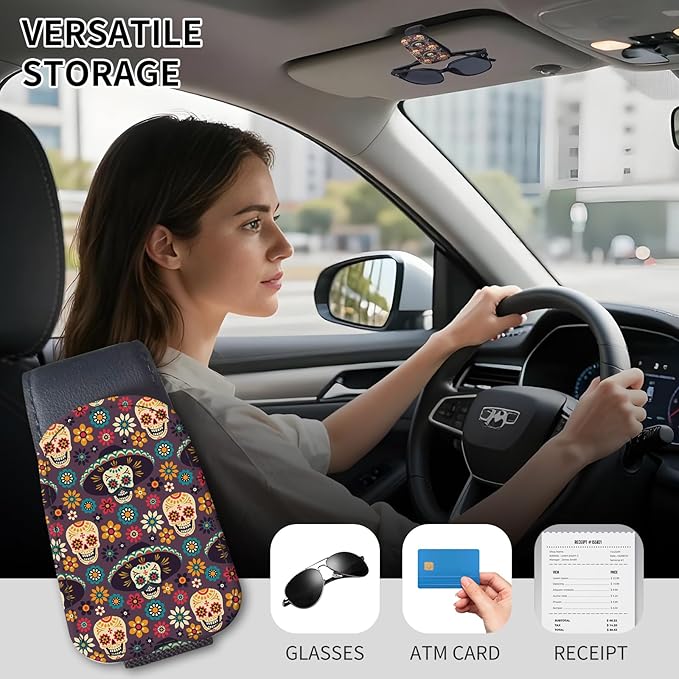 Sunglasses Holder for Car Visor, PU Leather Glasses Clip Organizer, Cute Magnetic Eyeglass Holder for Vehicle Sun Visor, Car Interior Accessory for Women & Men Sugar Skull Floral