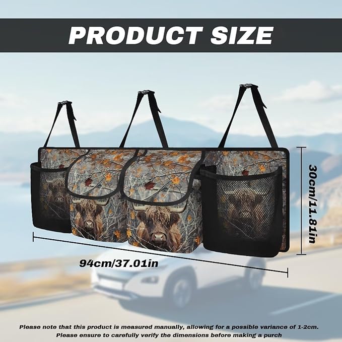 Branch Cattle Design Car Trunk Organizer,Backseat Hanging Organizer with 4 Large Storage Pockets,Trunk Bag for Car,SUV,Truck,Van Kids Travel Not Easy to Fade