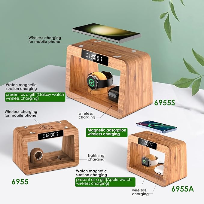 Bamboo Wireless Charger Station for Samsug Galaxy, for Samsun High Speed Charging Station, Wireless Phone Charger Station, Wireless Charger for Samsun Watch (with Alarm Clock for Samsung)