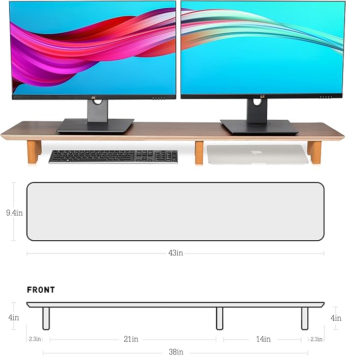 Aothia Solid Wood Dual Monitor Stand Riser for Desk, 43 Inch Black Walnut Computer Monitor Riser with Cork Legs, Extra Long Desktop Organizer Shelf for 2 Monitors, Laptop & Printer