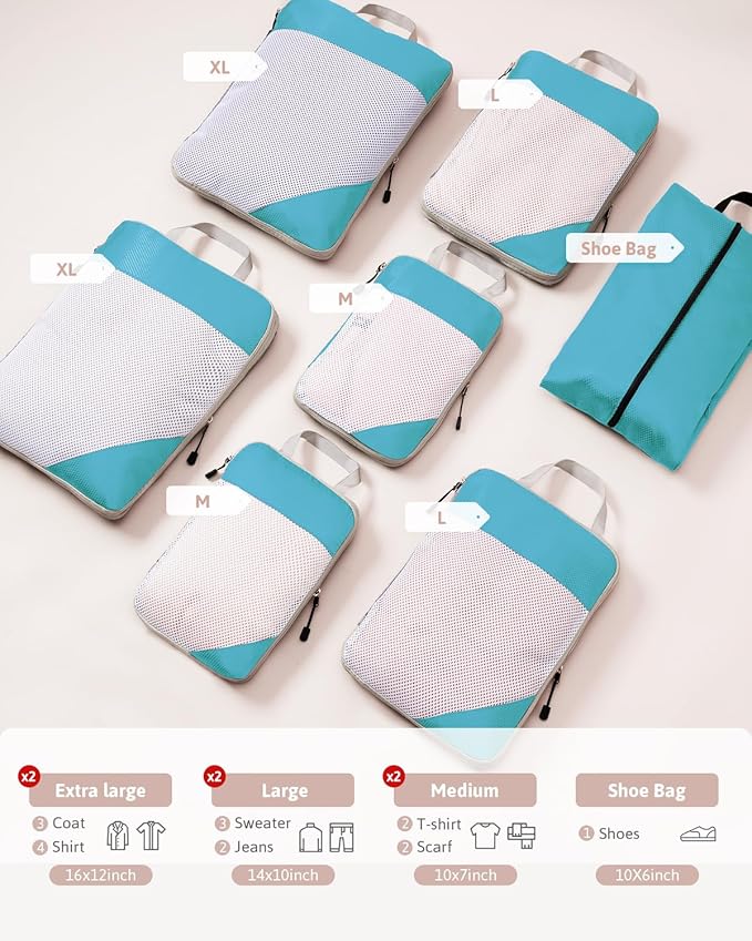 Meowoo 7 Set Compression Packing Cubes for Travel, Durable Ripstop Mesh Suitcase Organizer with Shoe Bag, Ultralight & Expandable Space Saver Travel Cubes