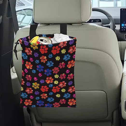 Car Trash Bag Rainbow Animal Paw Print Car Garbage Bag Hanging Car Trash Can for Back Seat with Drawstring