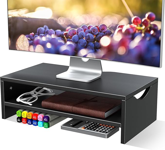 Monitor Stand Riser, 2 Tiers Wood Monitor Riser Stand with Desktop Shelf Storage Organizer, Desktop Stand for Laptop Computer, MacBook, Notebook, PC(Black)