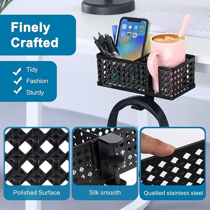 Desk Cup Holder, Clip on Cup Hook, Pen Holder Clamp Desk Organizer Pencil Holder Phone Holder Desk Storage for Office School Home (Black)