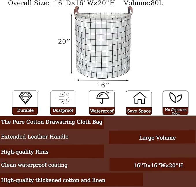 Waterproof Laundry Hamper Collapsible Laundry Basket Leather Handle Laundry Bag Large Clothes Storage Toy Organization for Bathroom Bedroom Laundryroom College Dorms (Laundry Basket-003)